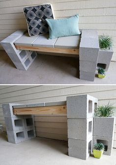 two pictures of a bench made out of cinder blocks