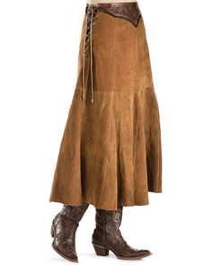 Kobler Leather Women's Choctaw Tooled Leather Lace-Up Suede Skirt, Cognac Western Skirts, Looks Country, Skirts With Boots, Women Fashion Edgy, Suede Fashion, Fringe Skirt, Boho Skirts, Suede Skirt, Tooled Leather