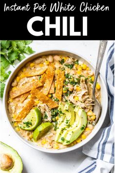 instant pot white chicken chili in a bowl with avocado and cilantro