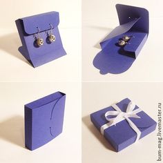 four different views of an open gift box with earrings in it and the inside is empty