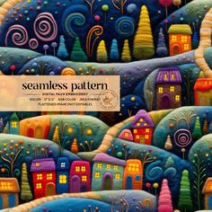 the cover of seamless pattern, featuring colorful houses and trees in blue sky with swirls