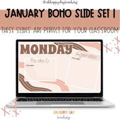 an open laptop computer sitting on top of a desk with the text, january boho slide set i