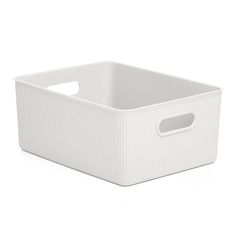 a white storage box with handles on the front and bottom, sitting against a white background