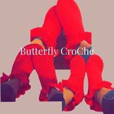 the legs and feet of a woman wearing red crocheted socks with ruffles