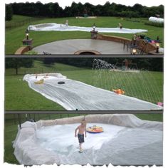 there are two pictures of a man playing in the water with an inflatable raft