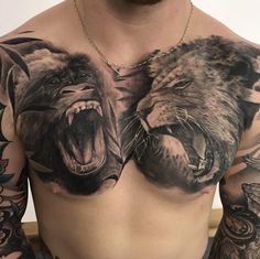 a man's chest with two lions on it