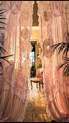 an open door with sheer curtains hanging from it's sides and plants in the doorway