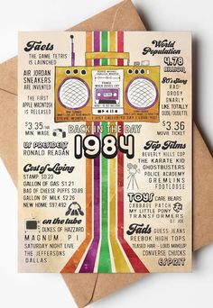 a birthday card with an old school radio on the front and back, in multicolored stripes