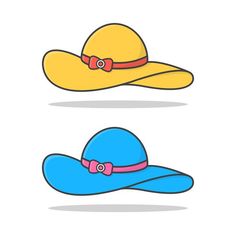 two hats, one yellow and one blue with a pink ribbon on the brim