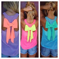 three pictures of different colored tops with bows on them