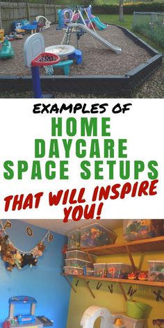 two pictures with the words examples of home daycare space setups that will inspire you