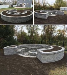 four different pictures of a circular stone fire pit