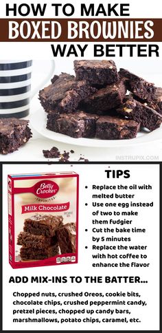 chocolate brownies are stacked on top of each other with the words how to make boxed brownies way better