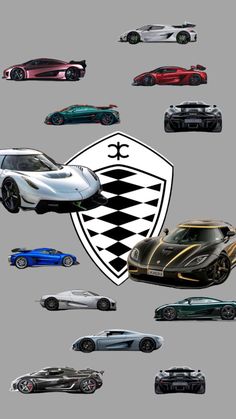 many different colored sports cars are shown in this graphic art work, which includes the crest of an official car