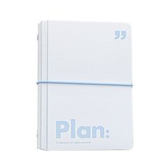 a white notebook with the word plan written on it and a blue ribbon around the cover