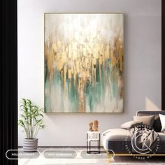 a living room scene with focus on the couch and large abstract painting hanging above it