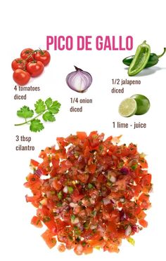 the ingredients to make pico de galloa are shown in this graphic style, including tomatoes