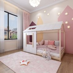 a child's bedroom decorated in pink and white with stars on the ceiling, bedding and rugs