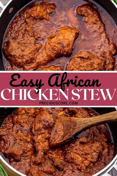 easy african chicken stew in a pan with a wooden spoon