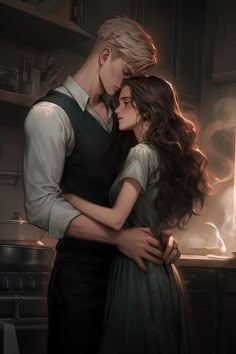 a man and woman hugging in the kitchen with steam coming from the stove behind them