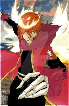 an anime character holding his hand up to the sky with flames coming out of it