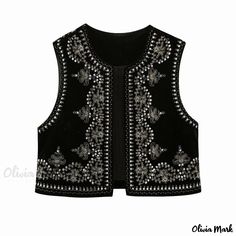 Olivia Mark - Sleeveless Embellished Embroidered Vest for Layering with a Slim Fit Velvet Vest, Floral Vests, Short Vest, Jumpsuit Outfit, Short Cardigan, Embroidered Cardigan, Cropped Vest, Sleeveless Cardigan, Floral Outfit