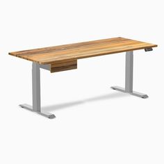 a wooden desk with metal legs and a white base on an isolated gray background the table is made out of wood