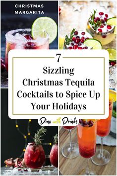 Collage of 4 christmas tequila cocktails. New Years Eve Tequila Cocktails, New Years Eve Cocktails For A Crowd, New Years Tequila Cocktail, Fun Christmas Cocktails, New Year's Drinks, Christmas Drinks Recipes, Christmas Party Drinks, New Years Cocktails, Creative Dessert Recipes