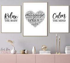 three framed art prints with the words relax, massage and calm in black ink on white paper