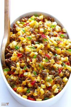 four pictures show the steps to make mexican casserole with ground beef and pineapple salsa