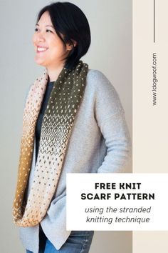 a woman wearing a knit scarf with the text free knit scarf pattern using the stranded knitting technique