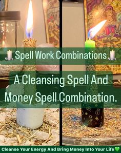 two candles on top of a table in front of pictures with words spell work combinations