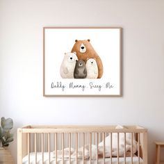 a baby's room with a teddy bear and three bears on the wall above a crib