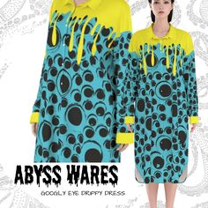 Abyss Wares original Googly Alien Eyes print shirtdress in vivid summery blue with weird yellow drippy shoulders and yellow cuffs. There's something puppet-y about it, something so WTF you really can't look away. The bright safety yellow reminds me of tempera paints we used to use in elementary school and the googly eyes all over are just ridiculous. Best part? It's made of natural cool breezy rayon fabric that feels seriously high-end luxurious. Part kidcore nostalgic, part clowncore goofy fun, and all a weirdcore statement dress that no one will forget. Also makes a comfy nightie for pjs. ● Fabric: 100% light cool rayon (natural fiber usually made from bamboo) ● Regular fit--please see the size chart and take measurements from a shirt or dress you have already that fits you well! The mea Peach Cosplay, Crazy Dresses, Ladies Blazer, Eye Print, Blue Peach, Statement Dress, Navy Women, Electric Blue, Sport Coat