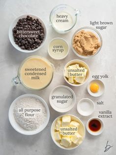 ingredients to make chocolate chip cookies laid out in bowls