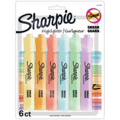 six different colors of sharpie highlight markers on a white background with the words sharpeie written