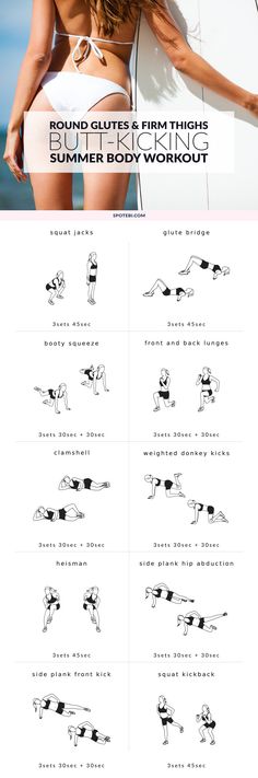 Get your glutes fired up and bikini ready with these 10 butt-kicking moves. A 30 minute at home glute workout designed to help you build round glutes, firm thighs, and a tighter core! http://www.spotebi.com/workout-routines/at-home-bikini-body-glute-workout/ Jedi Workout, Round Glutes, Home Glute Workout, Summer Body Workouts, Glute Workout, Workout Posters, Fitness Design, Fat Loss Workout, Belly Fat Workout