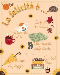 a poster with the words in spanish and pictures of autumn leaves, sunflowers, umbrella