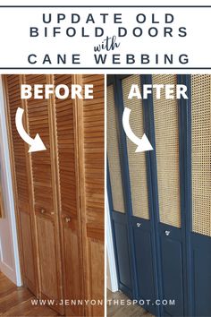 before and after photo of updating old bifold doors with cane webbbing