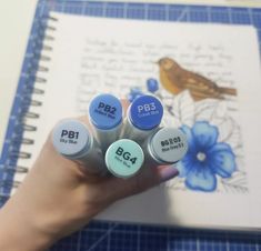 a person is holding four pill bottles in their left hand and there are blue flowers on the paper