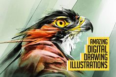 an artistic digital drawing of a bird with yellow eyes and black feathers, is featured in the magazine amazing digital drawing illustrations