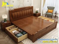 a bed with drawers underneath it in a bedroom