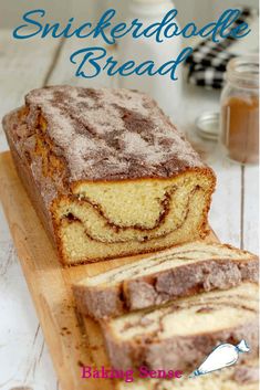 a loaf of cinnamon swirl quick bread on a wooden cutting board with the title text overlay