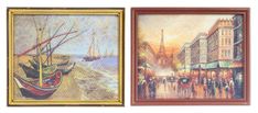 two framed paintings of boats and people on the beach