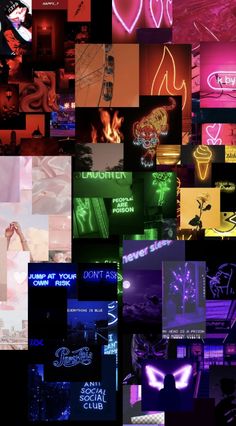 a collage of neon signs and lights in different colors, shapes, and sizes