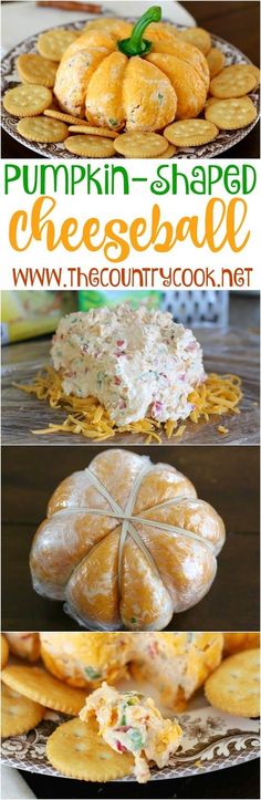 pumpkin shaped cheeseball is shown on a plate with crackers and other food items