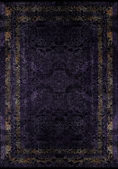 a purple area rug with an intricate design on the center and border in gold trimmings