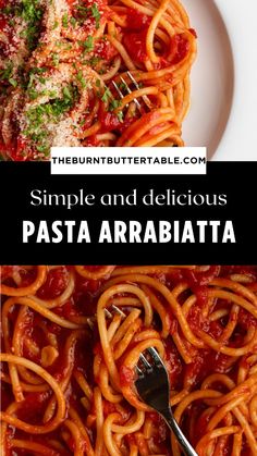 pasta with sauce and parmesan cheese on top, next to a plate of spaghetti