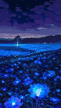 blue flowers in the middle of a field at night with stars and clouds above them