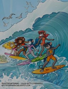 an image of a group of people riding on surfboards in the ocean with birds flying above